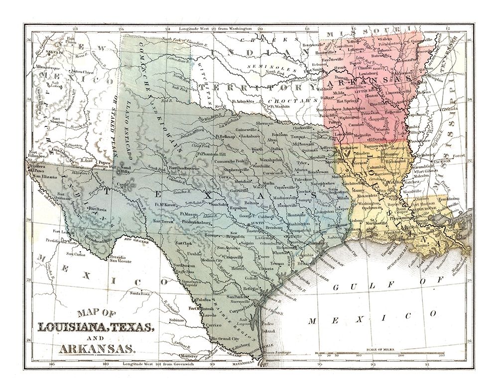 Louisiana, Texas, Arkansas - Mitchell 1869 art print by Mitchell for $57.95 CAD