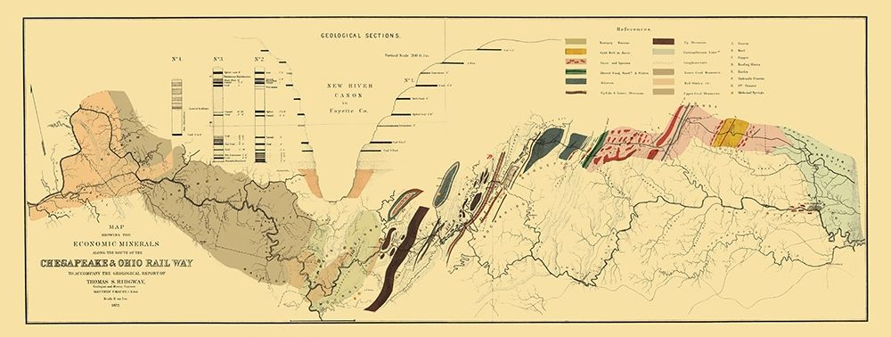 Chesapeake and Ohio Railway, Showing Minerals 1872 art print by Maury for $57.95 CAD