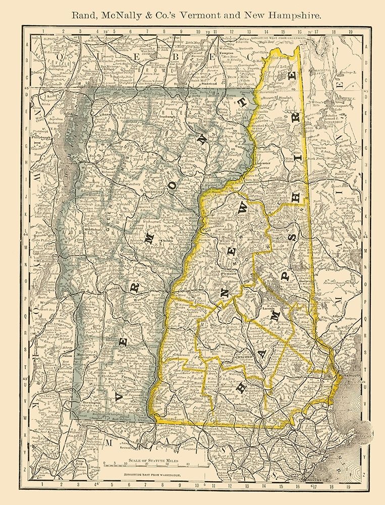 Vermont, New Hampshire - Rand McNally 1879 art print by Rand McNally for $57.95 CAD