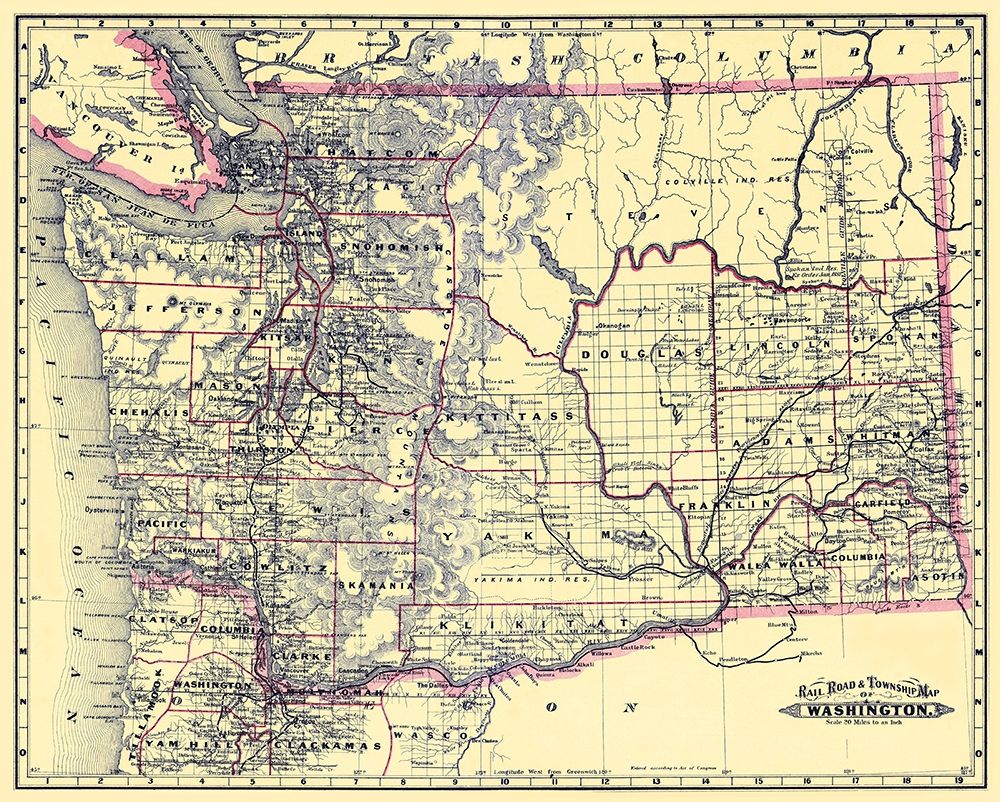 Washington Railroads and Townships - Grant 1887 art print by Grant for $57.95 CAD
