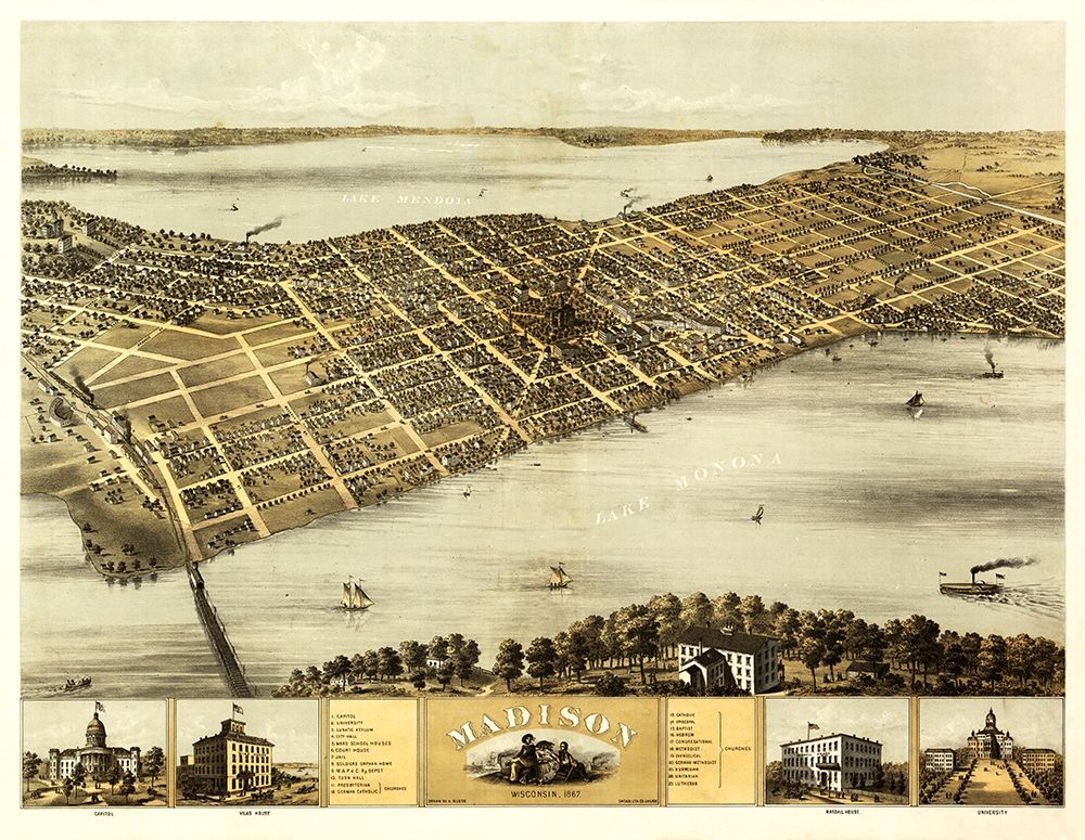 Madison Wisconsin - Norris 1867 art print by Norris for $57.95 CAD