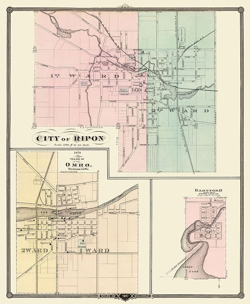 Ripon, Omro, Dartford Wisconsin - Snyder 1878 art print by Snyder for $57.95 CAD