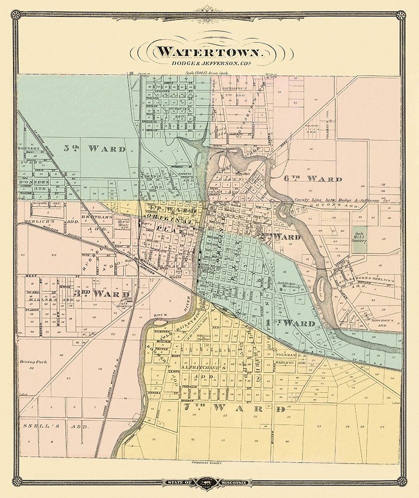 Watertown Wisconsin - Snyder 1878 art print by Snyder for $57.95 CAD