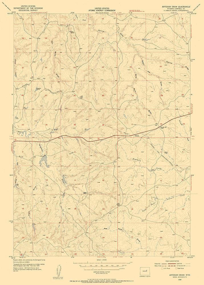 Artesian Draw Wyoming Quad - USGS 1954 art print by USGS for $57.95 CAD