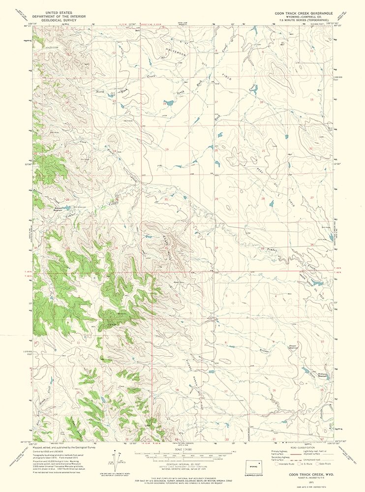 Coon Track Creek Wyoming Quad - USGS 1971 art print by USGS for $57.95 CAD