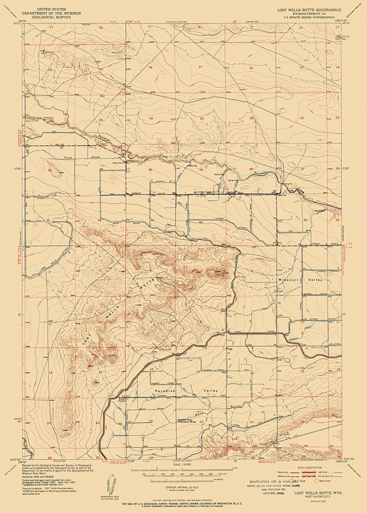 Lost Wells Butte Wyoming Quad - USGS 1952 art print by USGS for $57.95 CAD