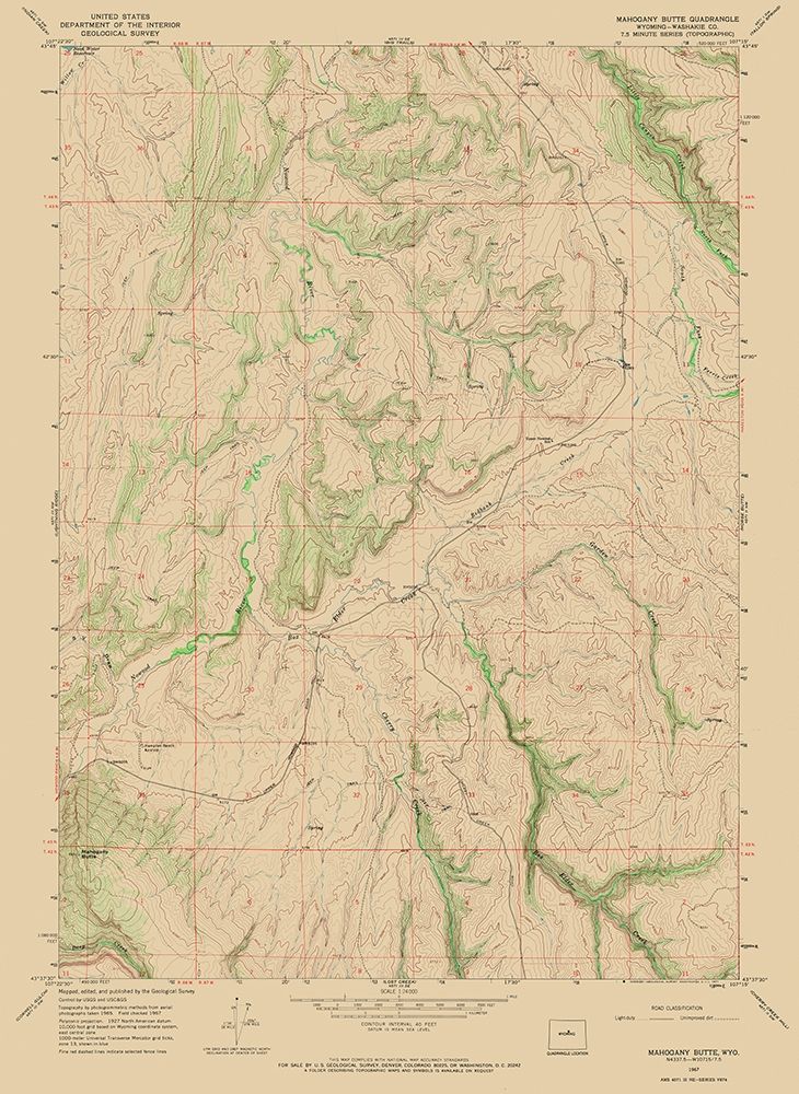 Mahogony Butte Wyoming Quad - USGS 1967 art print by USGS for $57.95 CAD