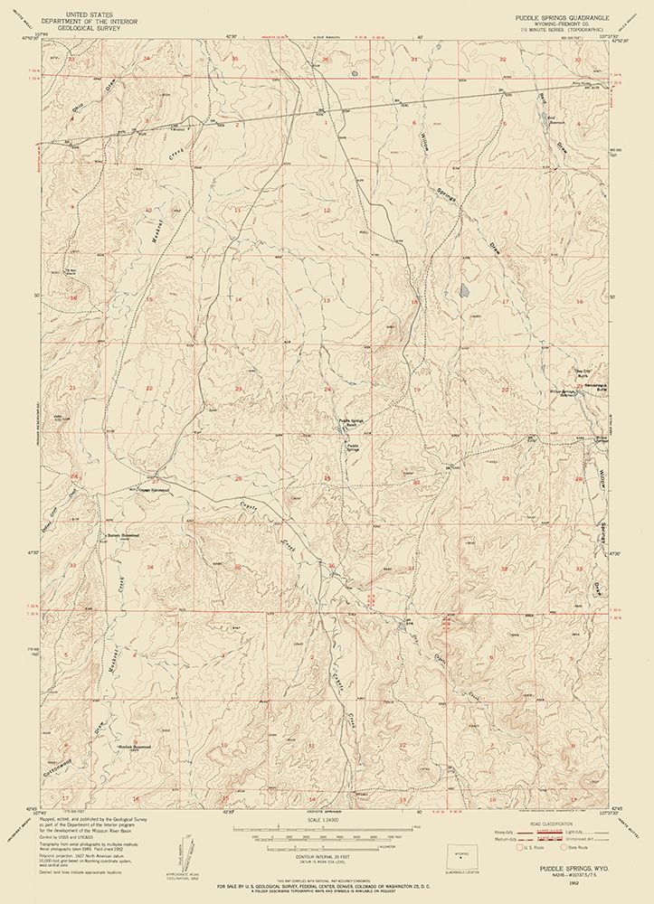 Puddle Springs Wyoming Quad - USGS 1952 art print by USGS for $57.95 CAD