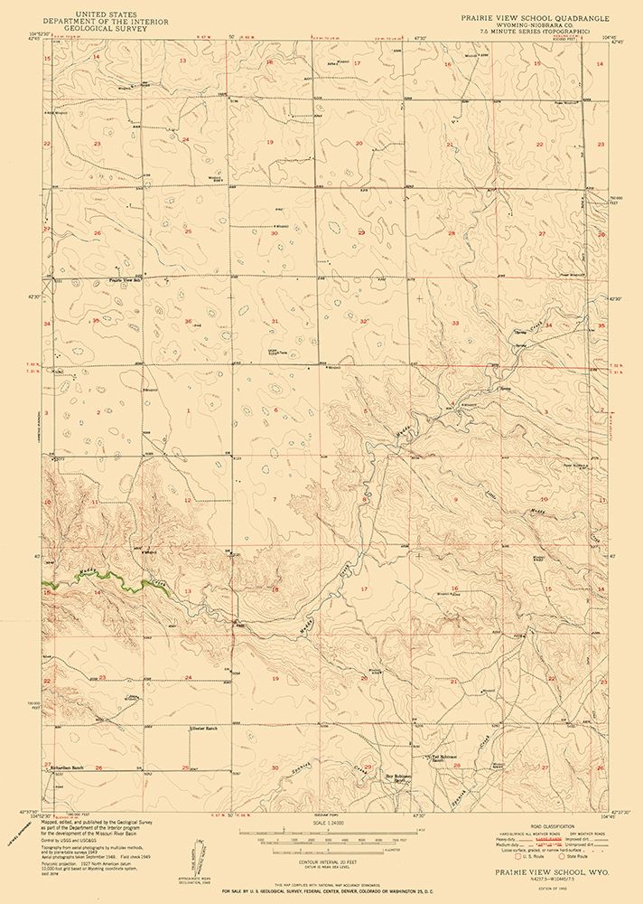 Prairie View School Wyoming Quad - USGS 1950 art print by USGS for $57.95 CAD