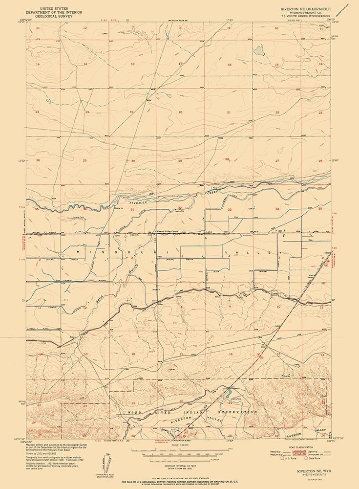 Riverton Wyoming Quad - USGS 1952 art print by USGS for $57.95 CAD