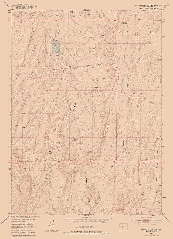 Rongis Reservoir Wyoming Quad - USGS 1952 art print by USGS for $57.95 CAD
