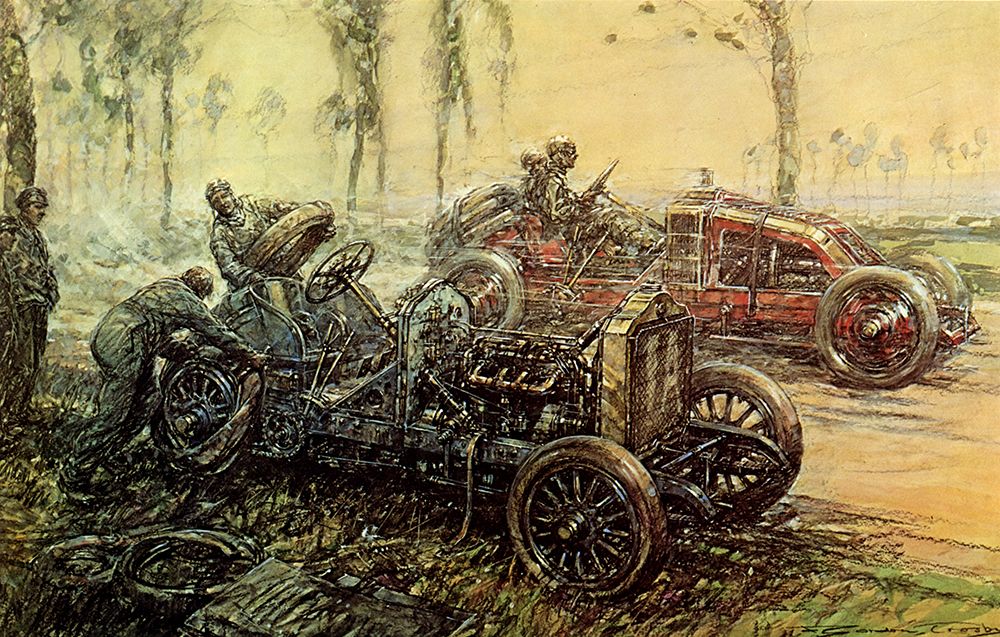 De Dietrich Tyre Trouble, French Grand Prix 1906 art print by Frederick Gordon Crosby for $57.95 CAD