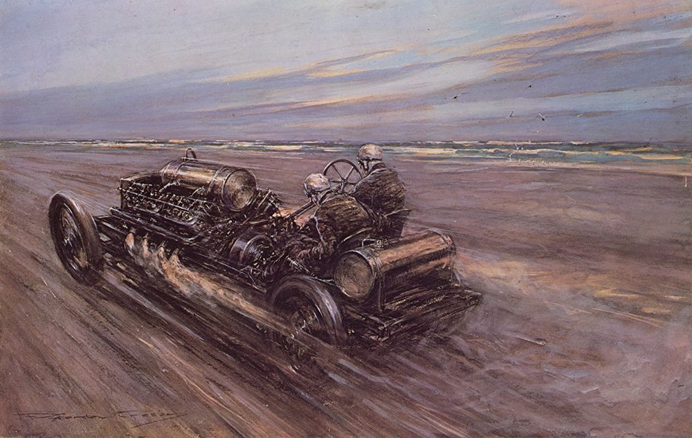 Land speed record of 120mph at Saltburn 1908 art print by Frederick Gordon Crosby for $57.95 CAD