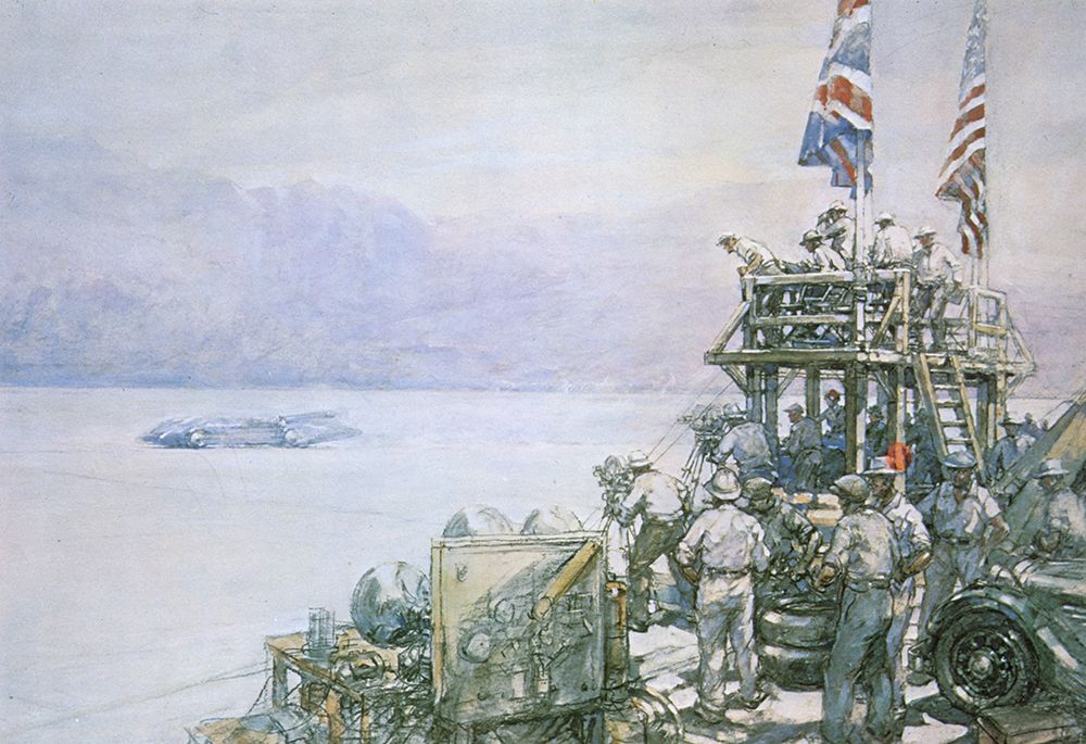 Malcom Campbells Bluebird, Bonneville landscape art print by Frederick Gordon Crosby for $57.95 CAD