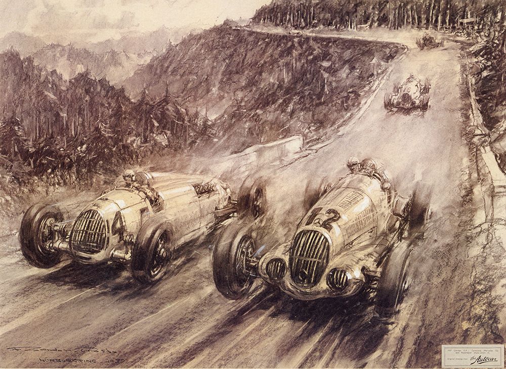 Rosemeyer and Caracciola during 37 Eifel GP art print by Frederick Gordon Crosby for $57.95 CAD
