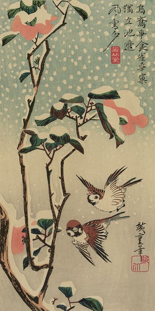 Sparrows and camellias in snow., 1840 art print by Ando Hiroshige for $57.95 CAD