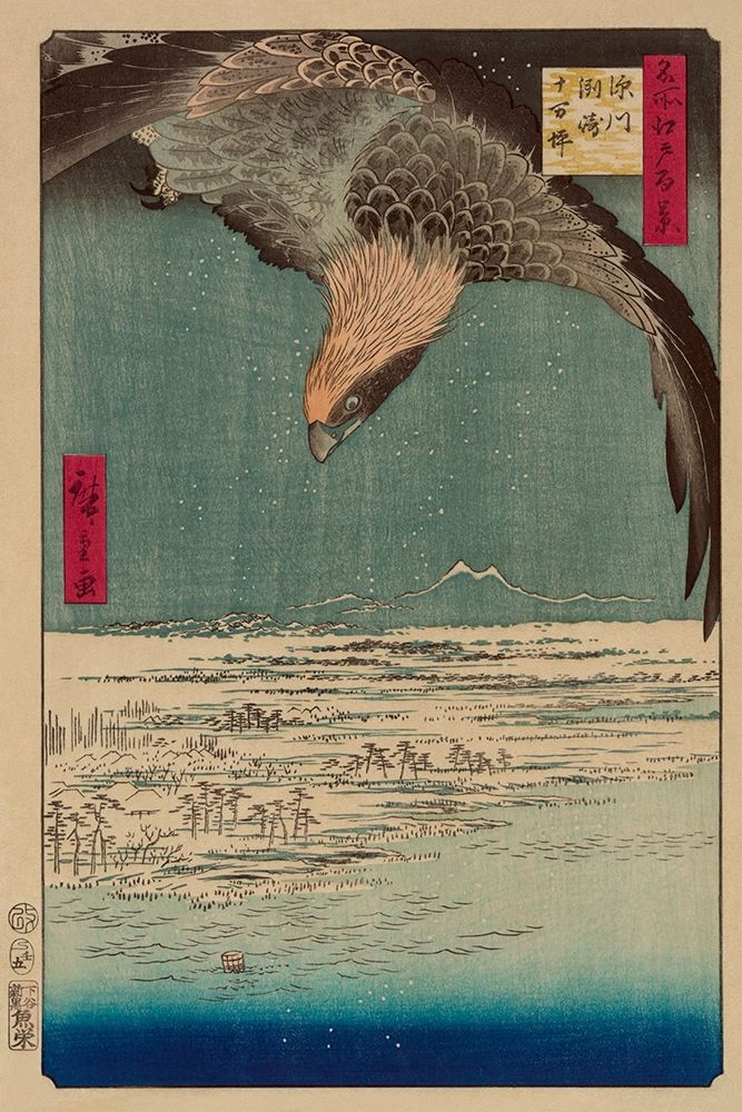 Hawk flying above a snowy landscape along the coastline., 1857 art print by Ando Hiroshige for $57.95 CAD