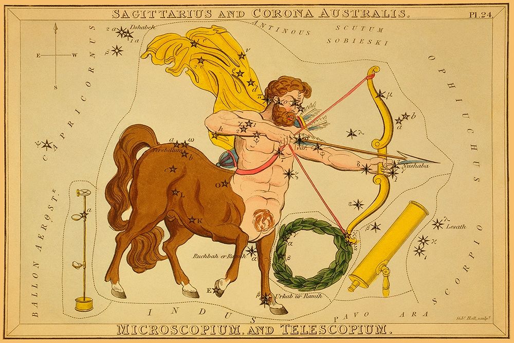 Sagittarius and Corona Australis, Microscopium, and Telescopium, 1825 art print by Jehoshaphat Aspin for $57.95 CAD