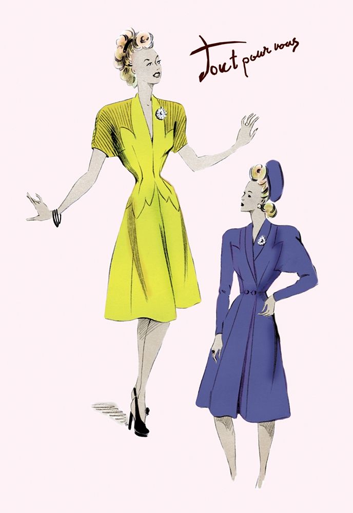 Knee-Length Dresses in Blue and Yellow, 1947 art print by Unknown for $57.95 CAD