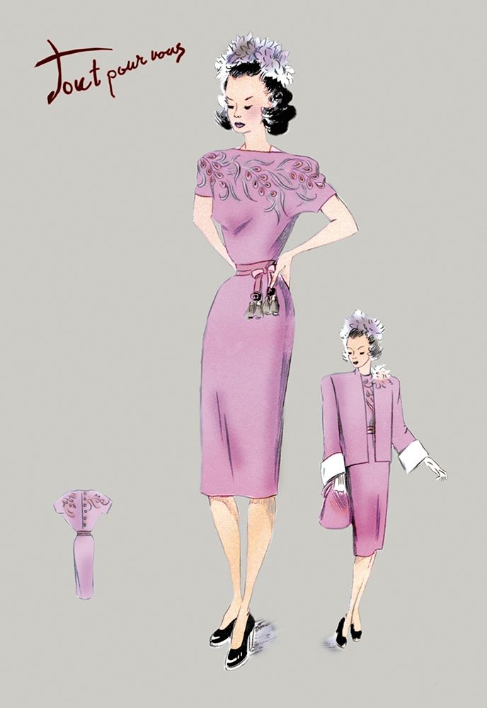 Pink Evening Dress with Overcoat and Hat, 1947 art print by Unknown for $57.95 CAD