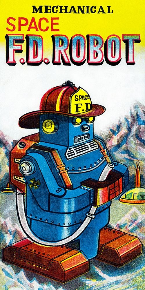 Mechanical Space Fire Department Robot art print by Retrobot for $57.95 CAD
