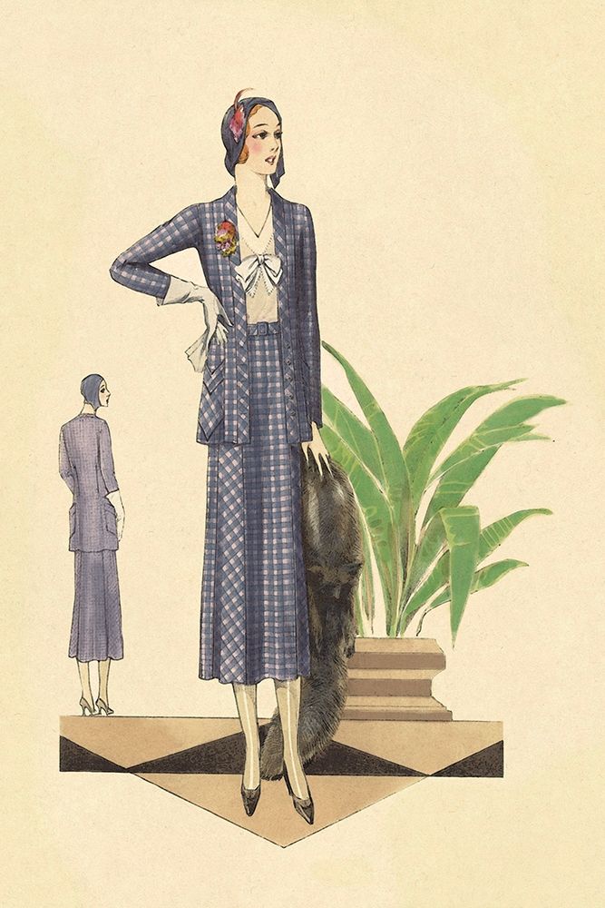 Blue Checkered Suit with Stole and Gloves art print by Vintage Fashion for $57.95 CAD