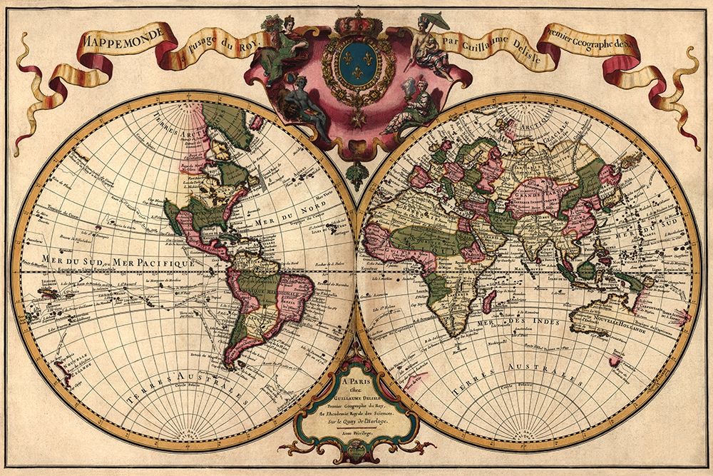 World Map Prepared for then French King art print by Guillaume de Lisle for $57.95 CAD