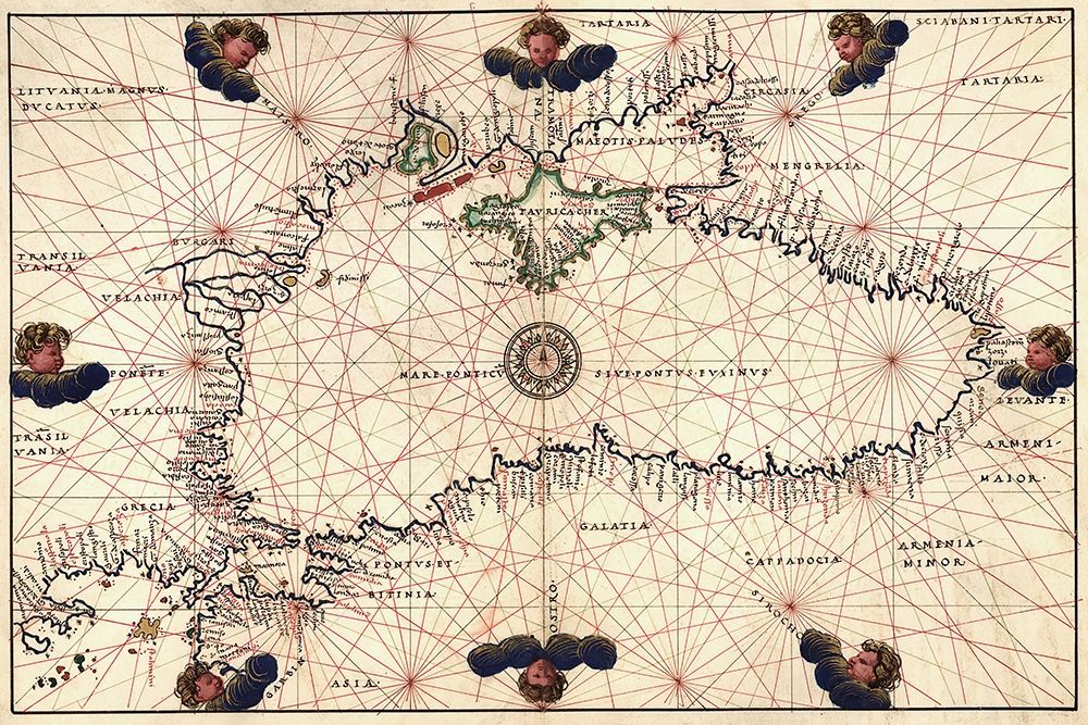 Portolan or Navigational Map of the Black Sea showing anthropomorphic winds art print by Battista Agnese for $57.95 CAD