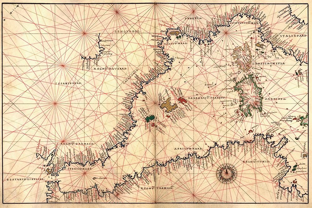 Portolan or Navigational Map of the Western Mediterranean from Gibraltar to Piedmont and Sardinia art print by Battista Agnese for $57.95 CAD