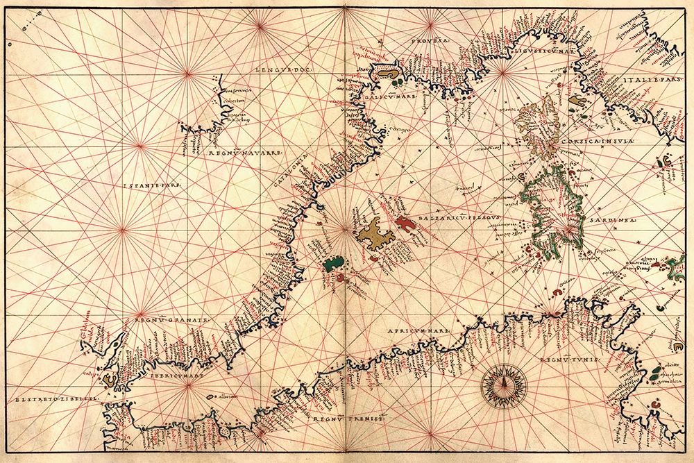 Portolan or Navigational Map of the Western Mediterranean from Gibraltar to Piedmont and Sardinia art print by Battista Agnese for $57.95 CAD