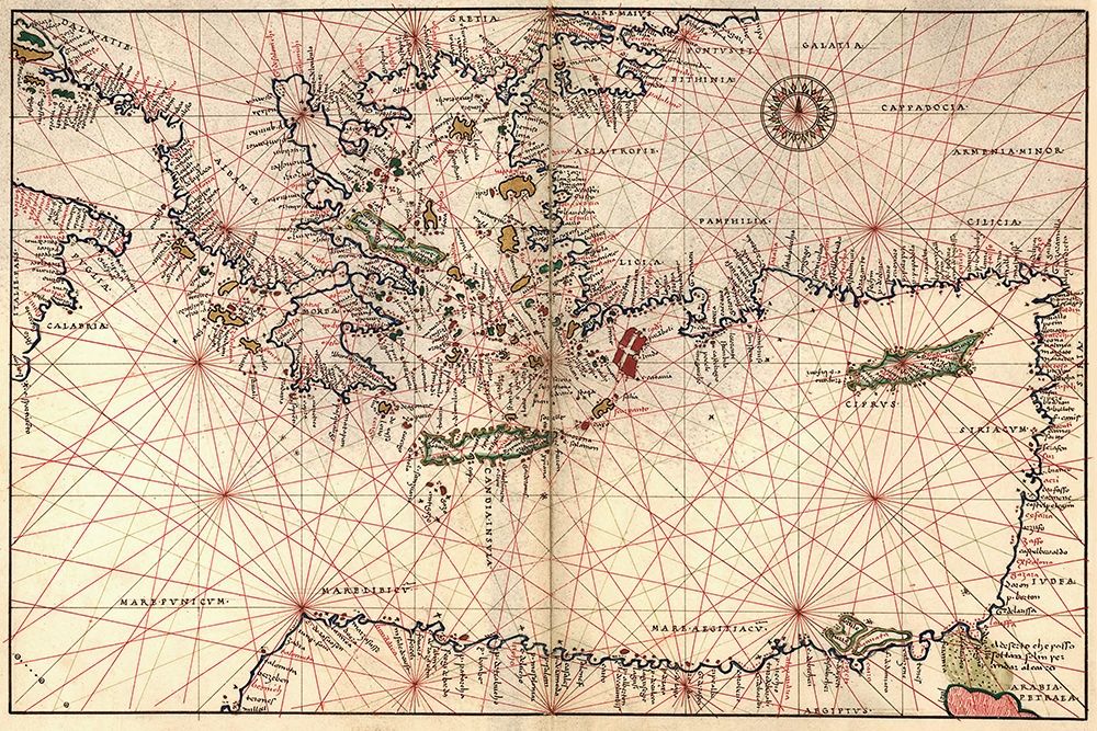 Portolan or Navigational Map of Greece, the Mediterranean and the Levant art print by Battista Agnese for $57.95 CAD