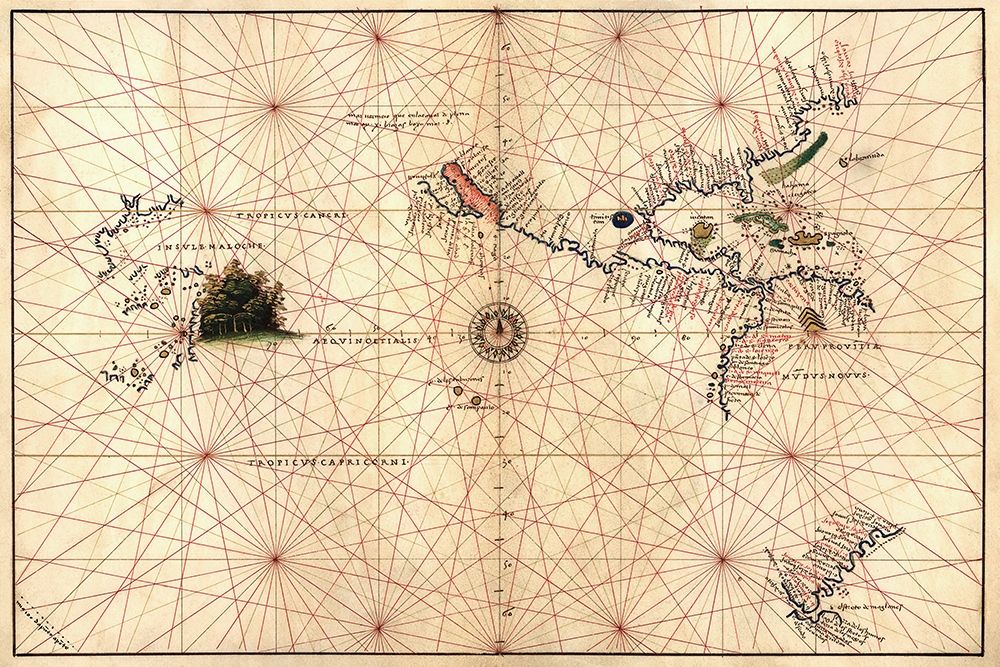 Portolan Map of the Western Hemisphere showing what will become the United States, Panama and a port art print by Battista Agnese for $57.95 CAD