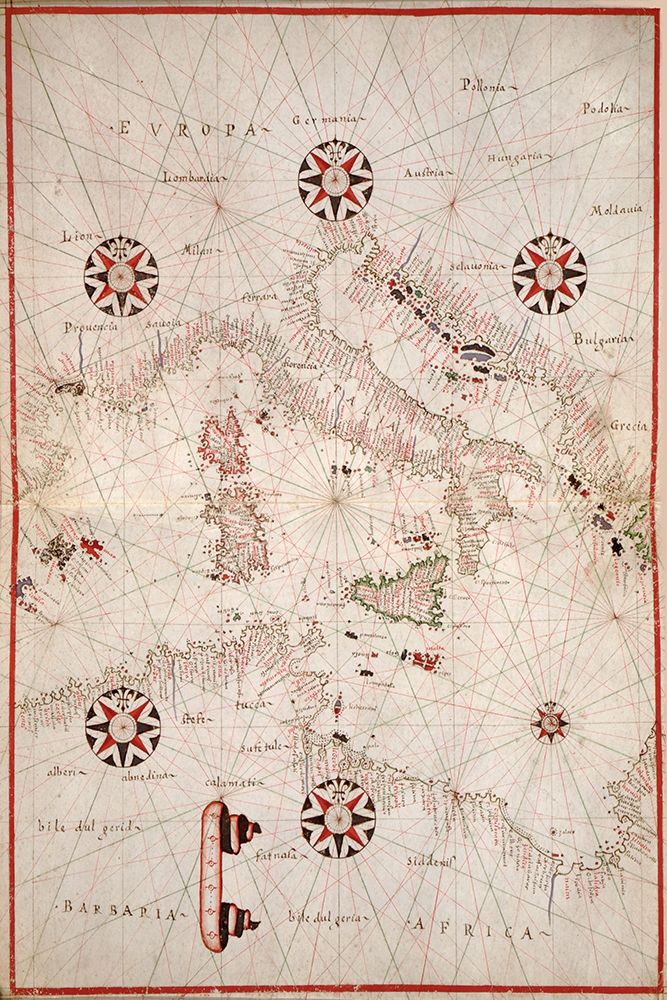 Portolan atlas of the Mediterranean Sea, western Europe, and the northwest coast of Africa - Central art print by Joan Oliva for $57.95 CAD