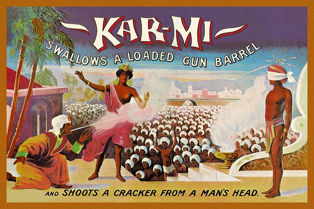 Magicians: Kar-Mi Swallows a Loaded Gun Barrel and Shoots a Cracker from a Mans Head art print by Joseph B. Hallworth for $57.95 CAD