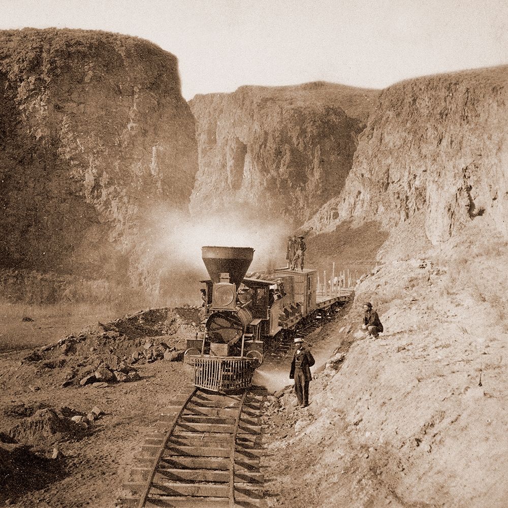 First Construction Train passing the Palisades, Ten Mile Canon, Nevada, 1866-1869 art print by Alfred A. Hart for $57.95 CAD