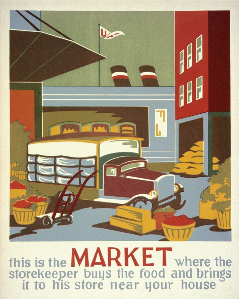This is the market where the storekeeper buys the food art print by WPA for $57.95 CAD