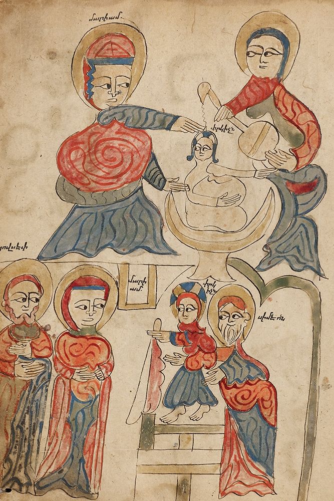 Bathing the Christ Child and The Presentation in the Temple art print by Unknown 14th Century Illuminator for $57.95 CAD