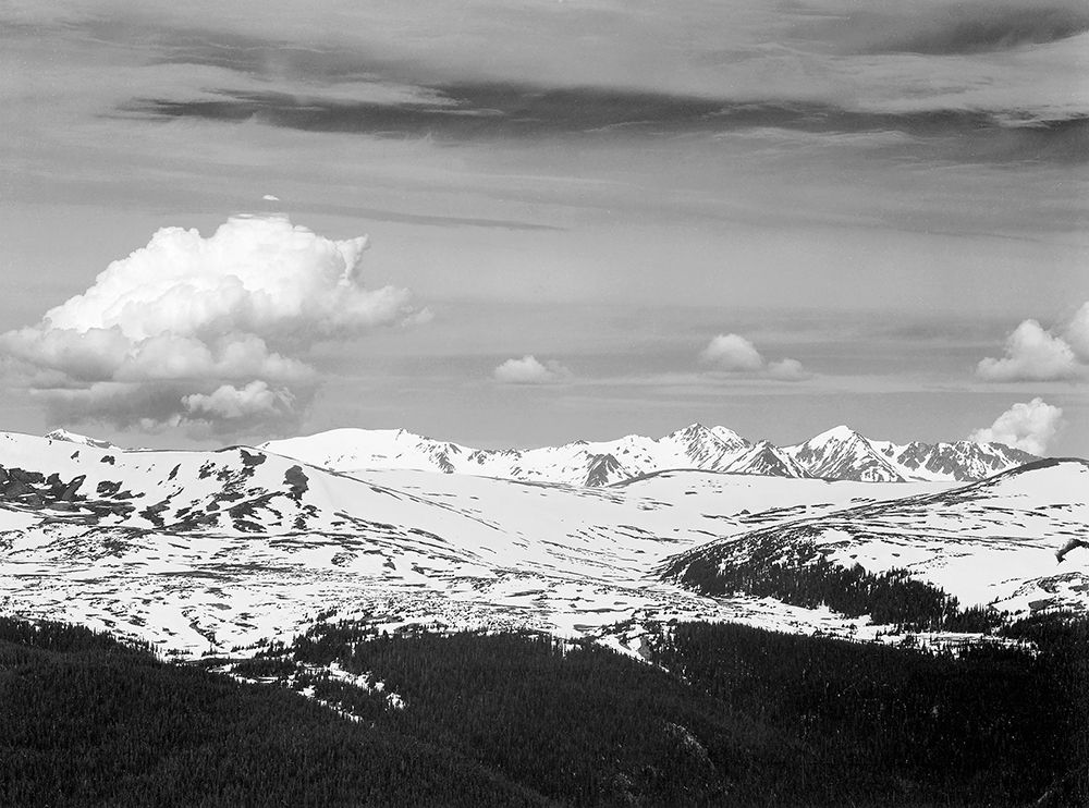 View at timberline, dark foreground, light snow capped mountain, gray sky, in Rocky Mountain Nationa art print by Ansel Adams for $57.95 CAD