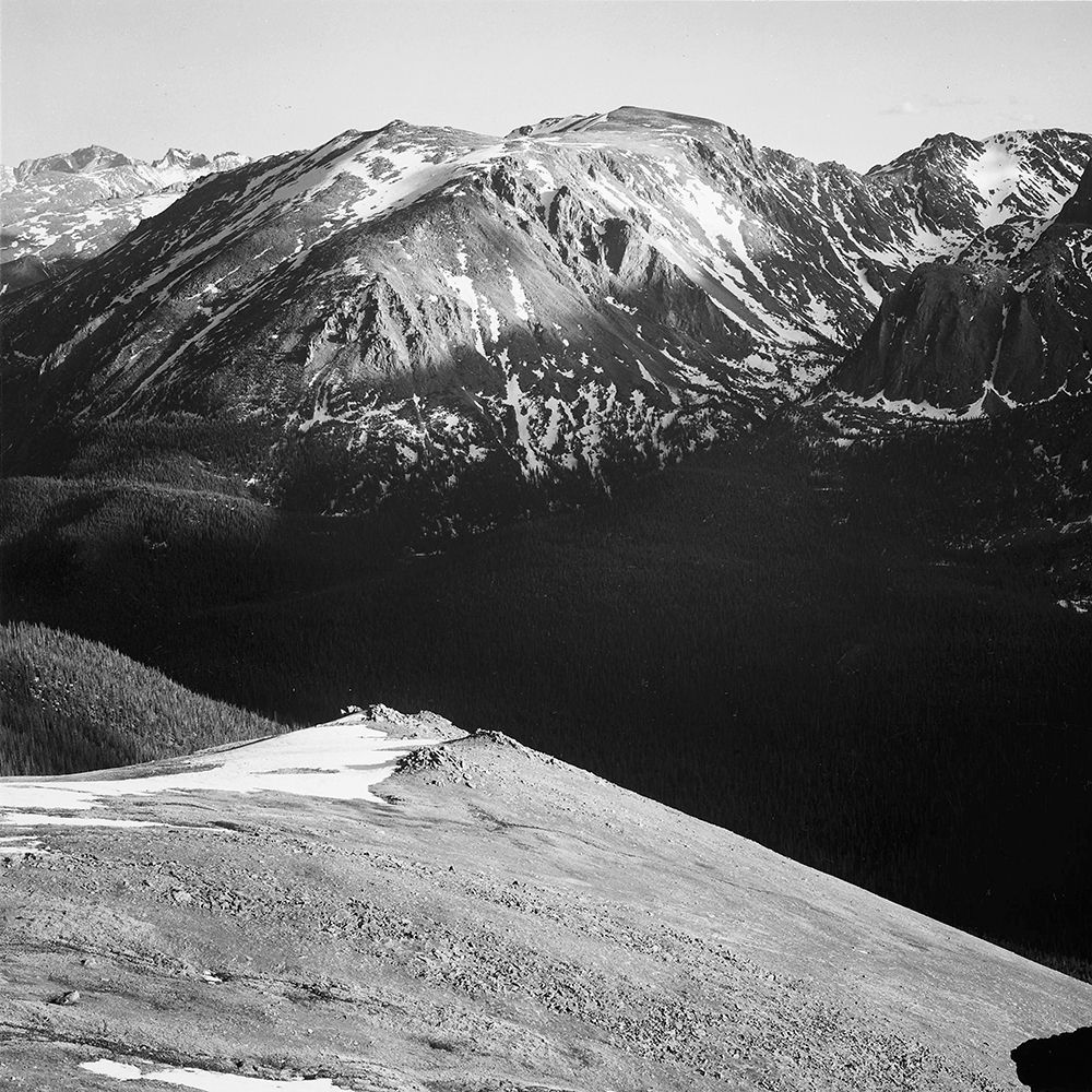Panorama of barren mountains and shadowed valley,  in Rocky Mountain National Park, Colorado, ca. 19 art print by Ansel Adams for $57.95 CAD