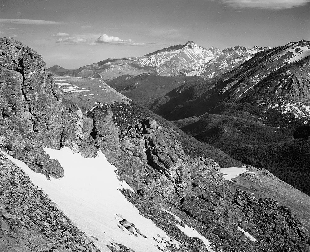 View of barren mountains with snow,  in Rocky Mountain National Park, Colorado, ca. 1941-1942 art print by Ansel Adams for $57.95 CAD