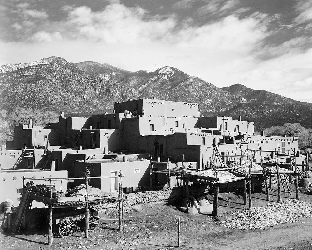 Full view of city, mountains in background, Taos Pueblo National Historic Landmark, New Mexico, 1941 art print by Ansel Adams for $57.95 CAD