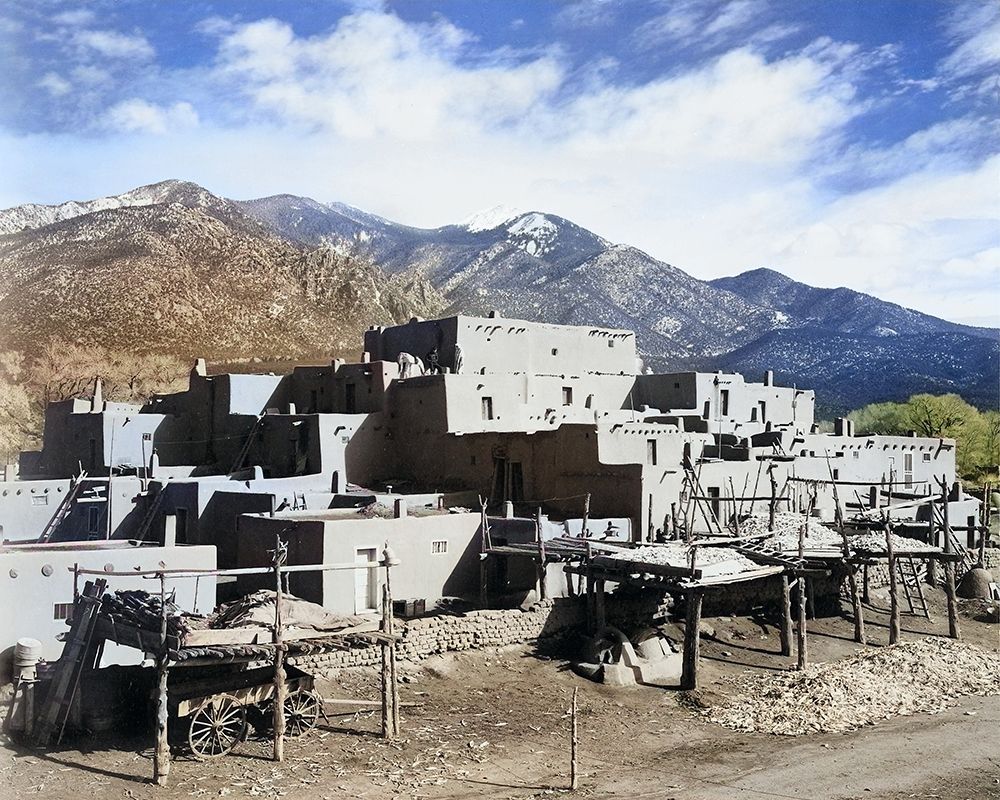 Full view of city-mountains in background-Taos Pueblo National Historic Landmark Color art print by Ansel Adams for $57.95 CAD