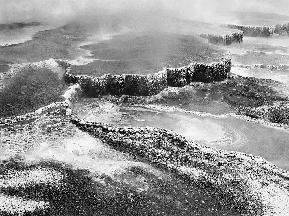 Aerial view of Jupiter Terrace, Yellowstone National Park, Wyoming ca. 1941-1942 art print by Ansel Adams for $57.95 CAD