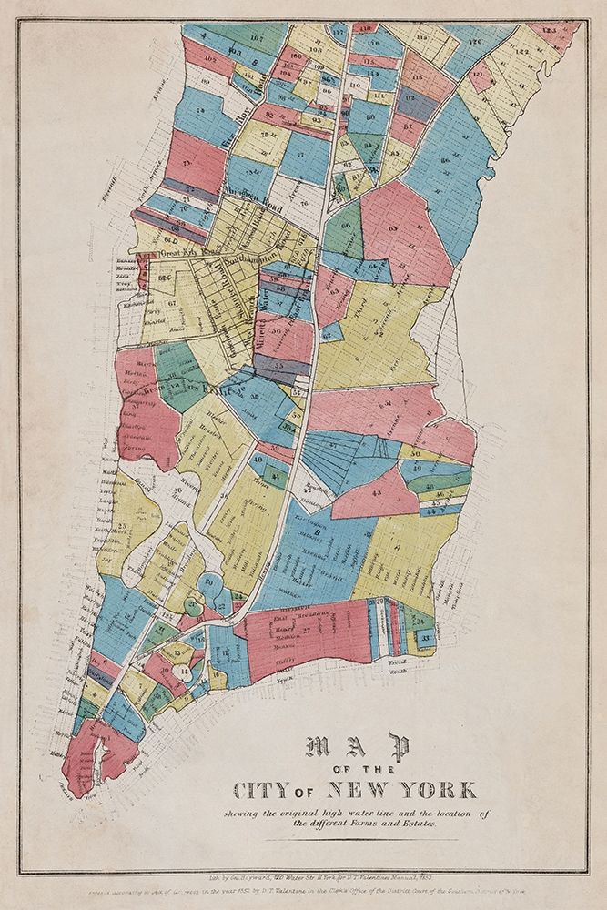 Map of the City of New York showing original high water line and the location of different Farms and art print by New York Common Council for $57.95 CAD