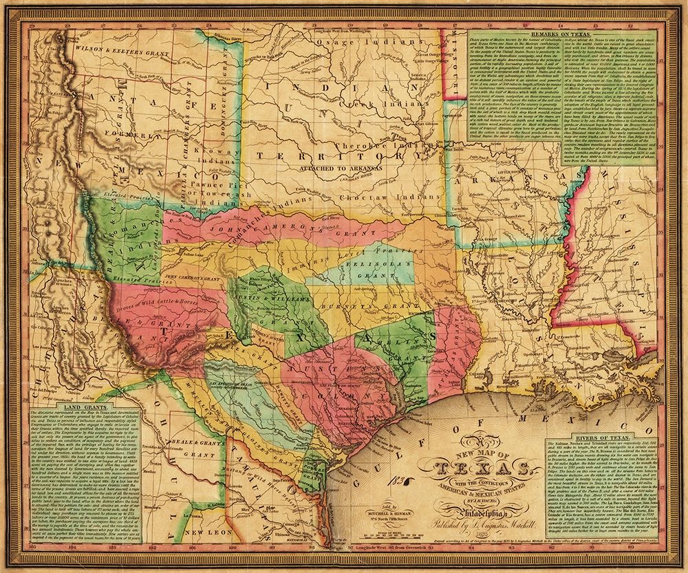New map of Texas : with the contiguous American and Mexican states, 1835 art print by S. Augustus Mitchell for $57.95 CAD