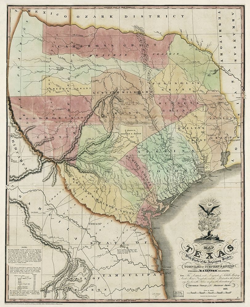 Map of Texas with parts of the adjoining states, 1837 art print by Henry Schenck Tanner for $57.95 CAD