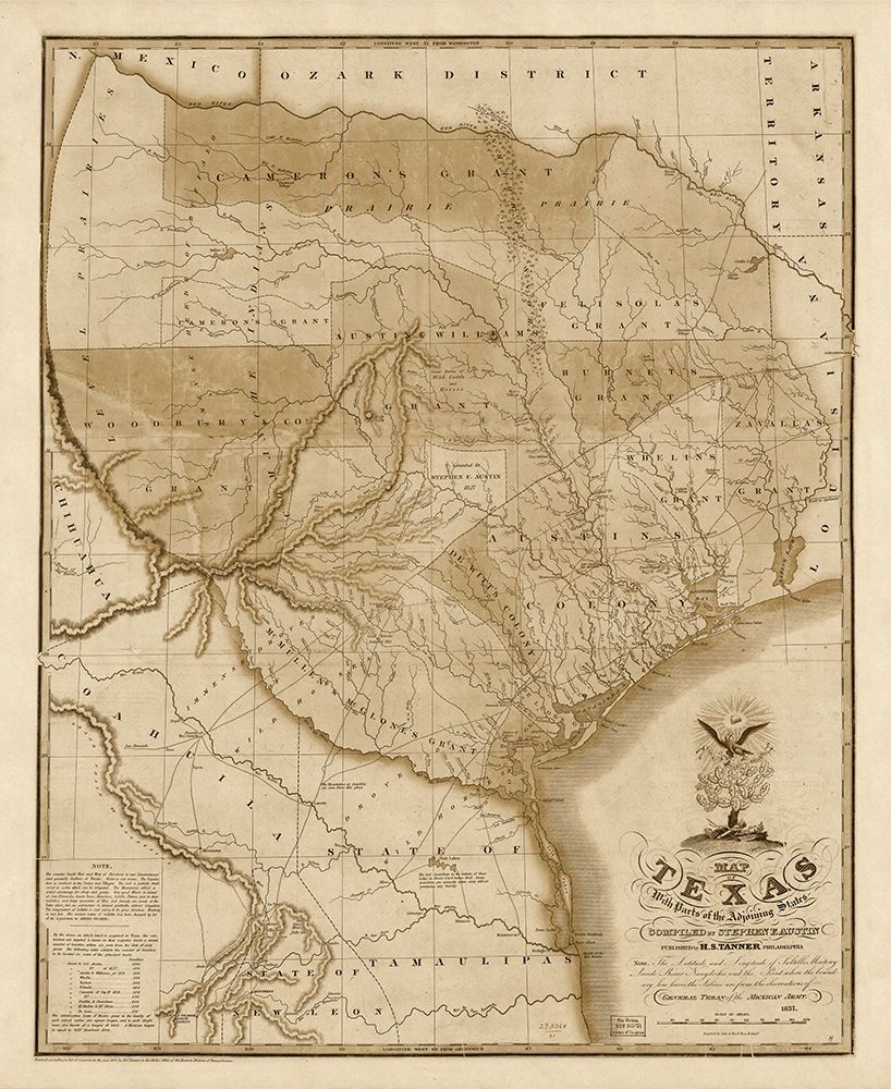 Map of Texas with parts of the adjoining states, 1837 - Decorative Sepia art print by Henry Schenck Tanner for $57.95 CAD