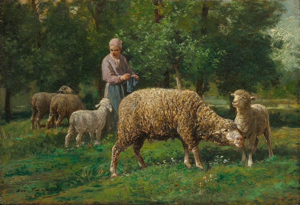 Shepherdess with Sheep art print by Charles-Emile Jacque for $57.95 CAD