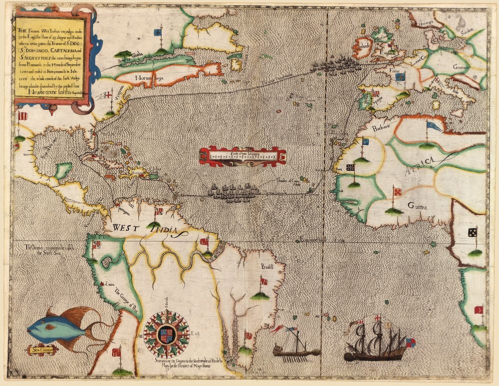 Sir Francis Drake in Santa Domingo 1589 art print by Vintage Maps for $57.95 CAD