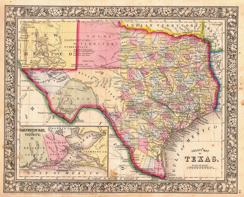 County Map Of Texas, 1864 art print by Samuel Augustus Mitchell for $57.95 CAD